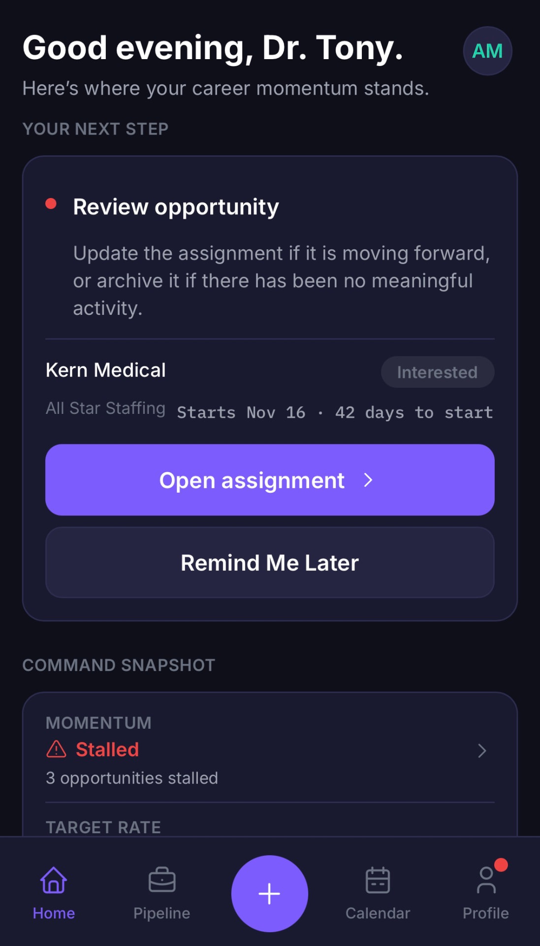 ShiftKontrol Home screen with next step and command snapshot