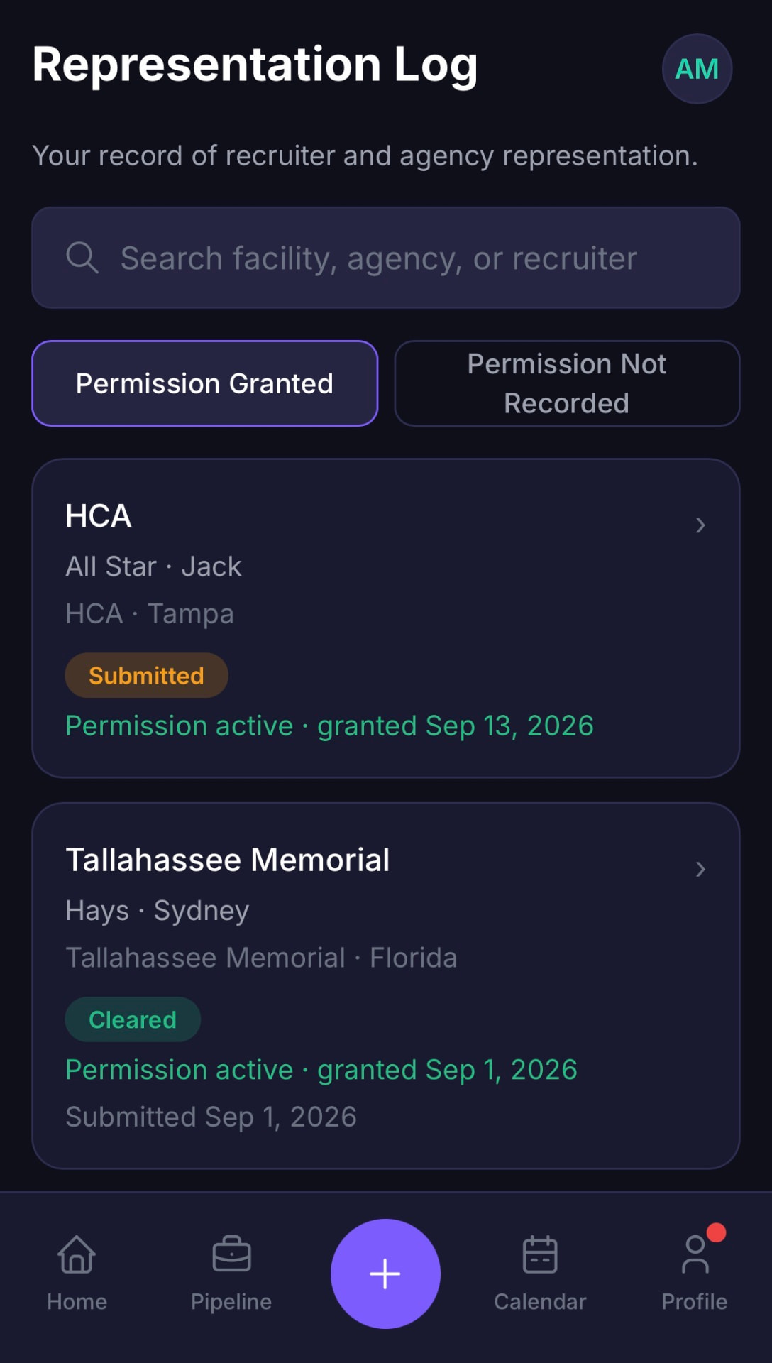 Representation Log screen